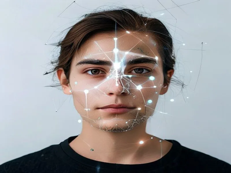 Portrait with facial recognition scan overlay