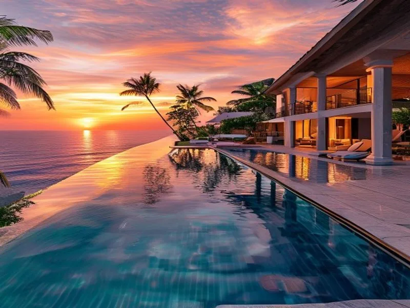 AI-generated luxury villa and infinity pool at sunset